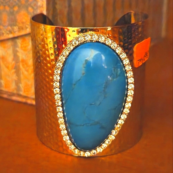 Massive, Super-Chunky, Gold-Tone, Faux Turquoise Cuff Bracelet. CZ Around Stone. - Picture 3 of 6